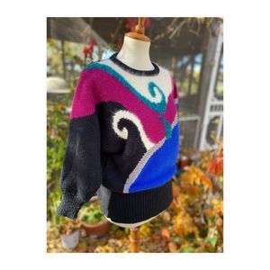 80s Color Block Knit Sweater Crew New Wave Colour Block Sz M